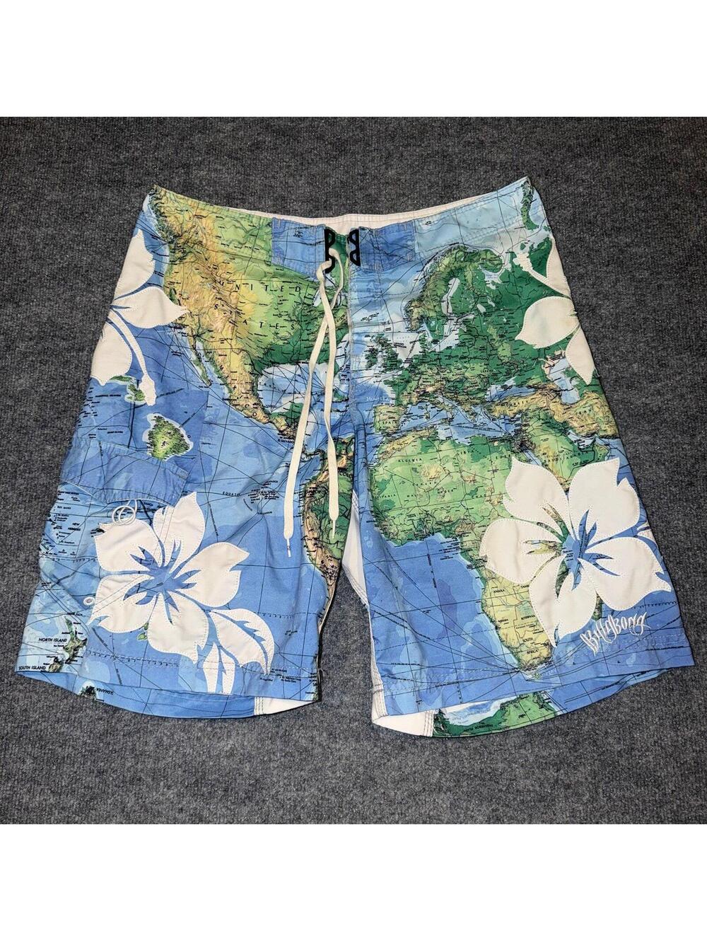 Billabong World Map Floral Surf Board Shorts Mens XL 36 VTG Y2K 90s Rare